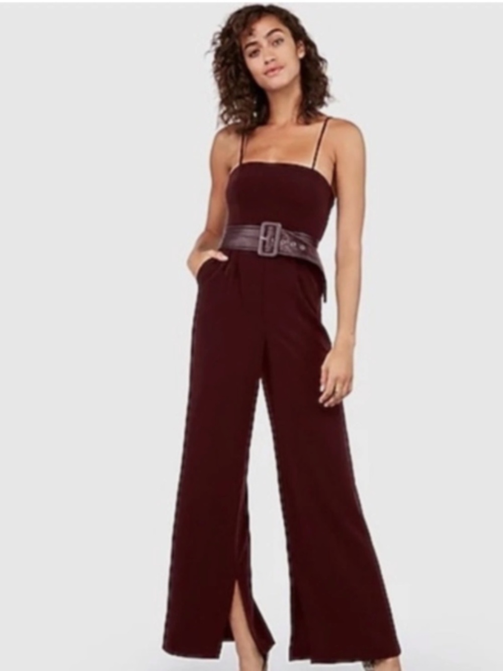 Express x Negin Mirsalehi NEW Burgundy Spaghetti Strap Wide Leg Jumpsuit Size 14
